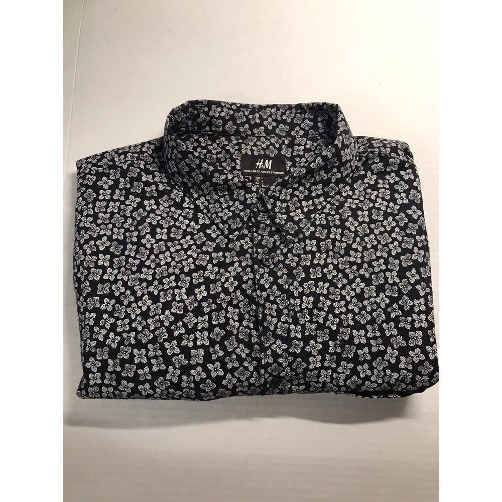 H &M Regular Fit SS Button Up Lg Blue/Small Floral Print